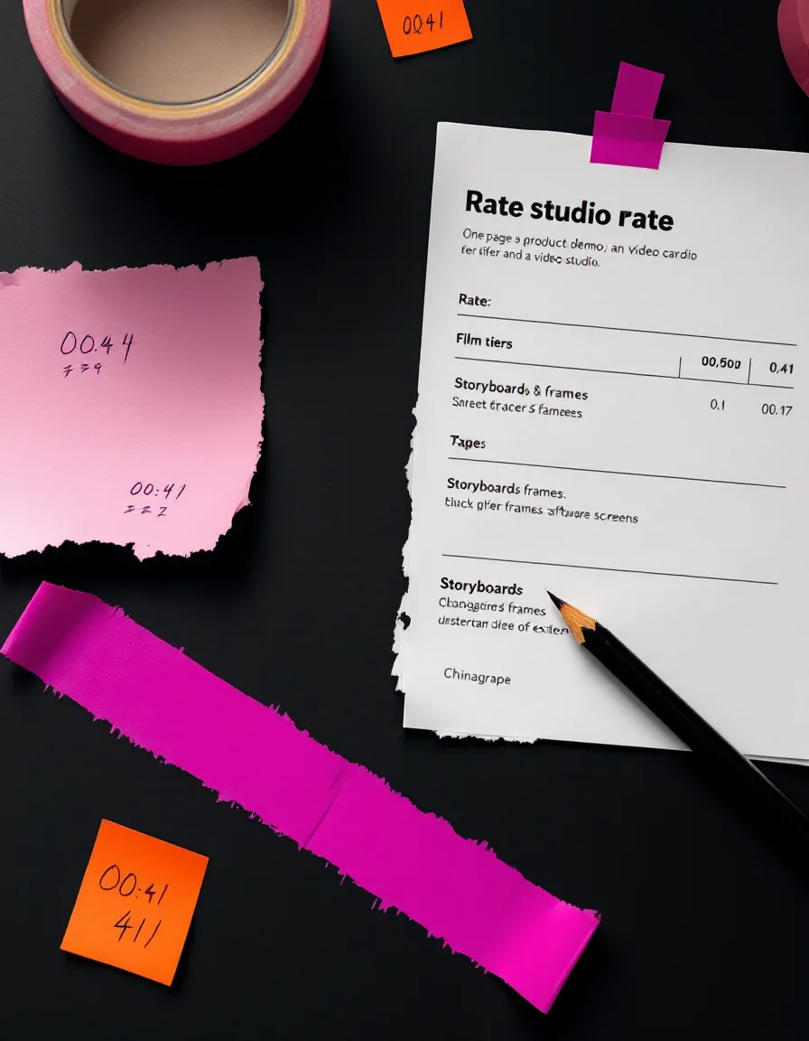 A printed rate card taped to a dark desk among storyboard frames and orange timecode sticky notes